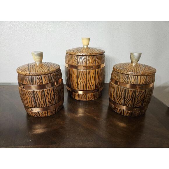 Vintage 1960s Treasure Craft Barrel Canisters Set of 3 - Picture 2 of 9